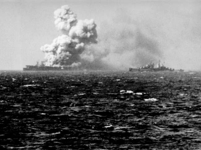 Torpedoes aboard the U.S. Navy light aircraft carrier USS Princeton (CVL-23) explode